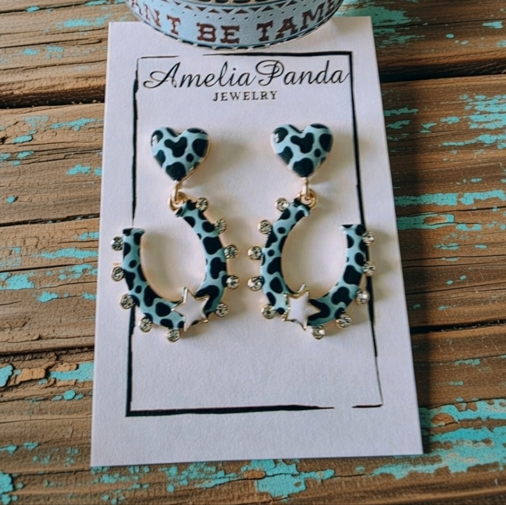 Amelia Panda Blue Heart and Horseshoe Earrings